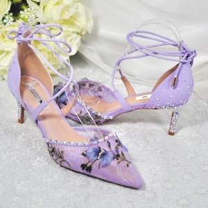 Lilac Butterfly Bridal Shoes Lace Wedding Sandals With Leg Tie