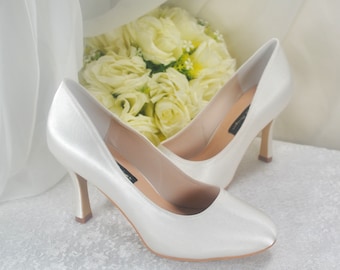 Classic Satin Round Toe Bridal Shoes, White Ivory Bridesmaid Heels