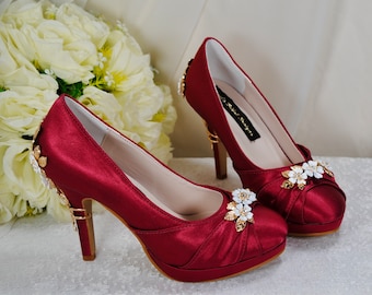 Burgundy Satin Platform Shoes, Wine Red Wedding Heels, Flower Cherry Blossom Bridal Shoe