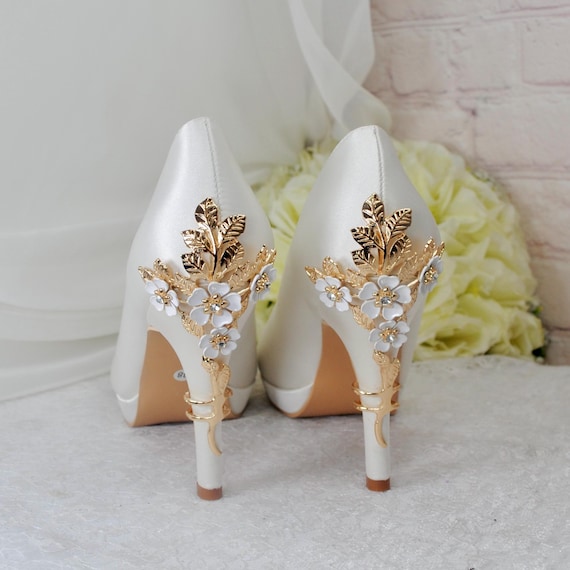 Platform Bridal Shoes With Floral Heel, Ivory Satin Wedding Pumps