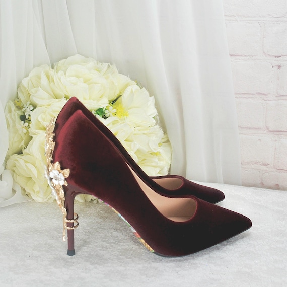 Wine Red Velvet High Heels: Gold Cherry Blossom Evening Shoes