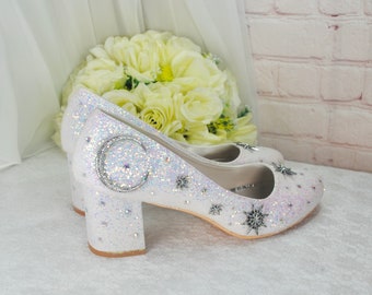 White Celestial Block Heel Wedding Shoes: Glitter Moon & Star Bridal Shoes