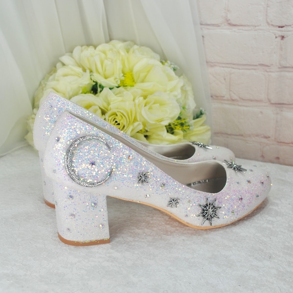 Celestial Block Heel Shoes, Sparkling Glitter with Moon and Star Details, Unique Wedding Shoe for Bride Bridesmaid Handmade Custom Design