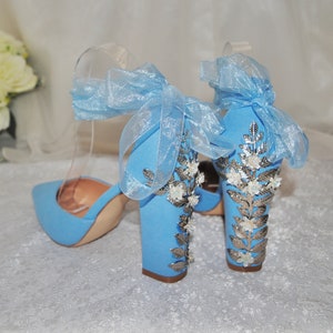 Something Blue WEDDING SHOES, Suede Bridal Sandals, Silver Floral Embellishment, Bridal Shoes, Block Heels, Womens Wedding Shoes, Bridesmaid