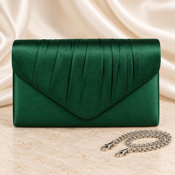 green dress bag Emerald Satin Clutch: Handmade Bridal Evening Watches