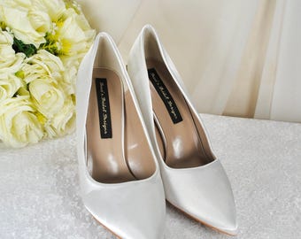 Satin Pointed Toe Heel With Silver Floral Vine, Bridal White Shoes