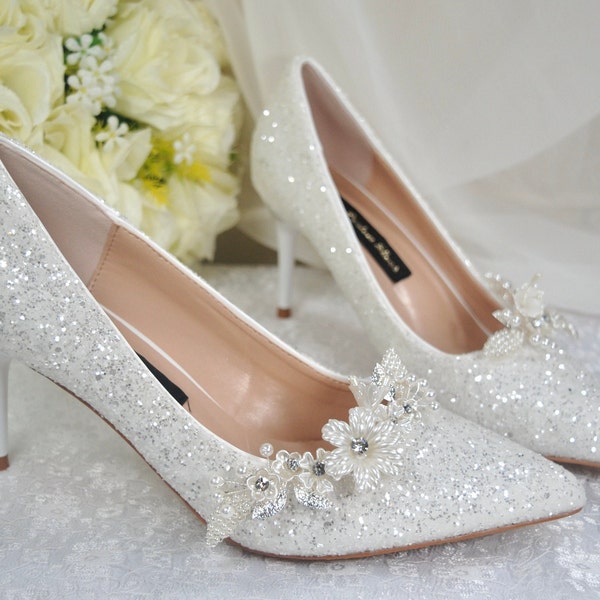 Stunning Princess White Sparkling Wedding Shoes, Floral Glitter Wedding Shoes, Under 3 inch Heel