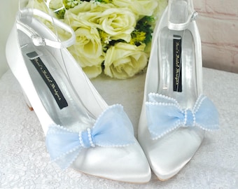 Organza Pearl Bridal Shoe Clips: White, Ivory, Blue Bows