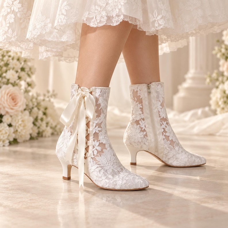 May include: A pair of white lace ankle boots featuring a pointed toe, a low kitten heel, and a side zipper closure. The boots are adorned with a decorative satin ribbon bow tied at the outer ankle, showcasing a floral lace overlay pattern.
