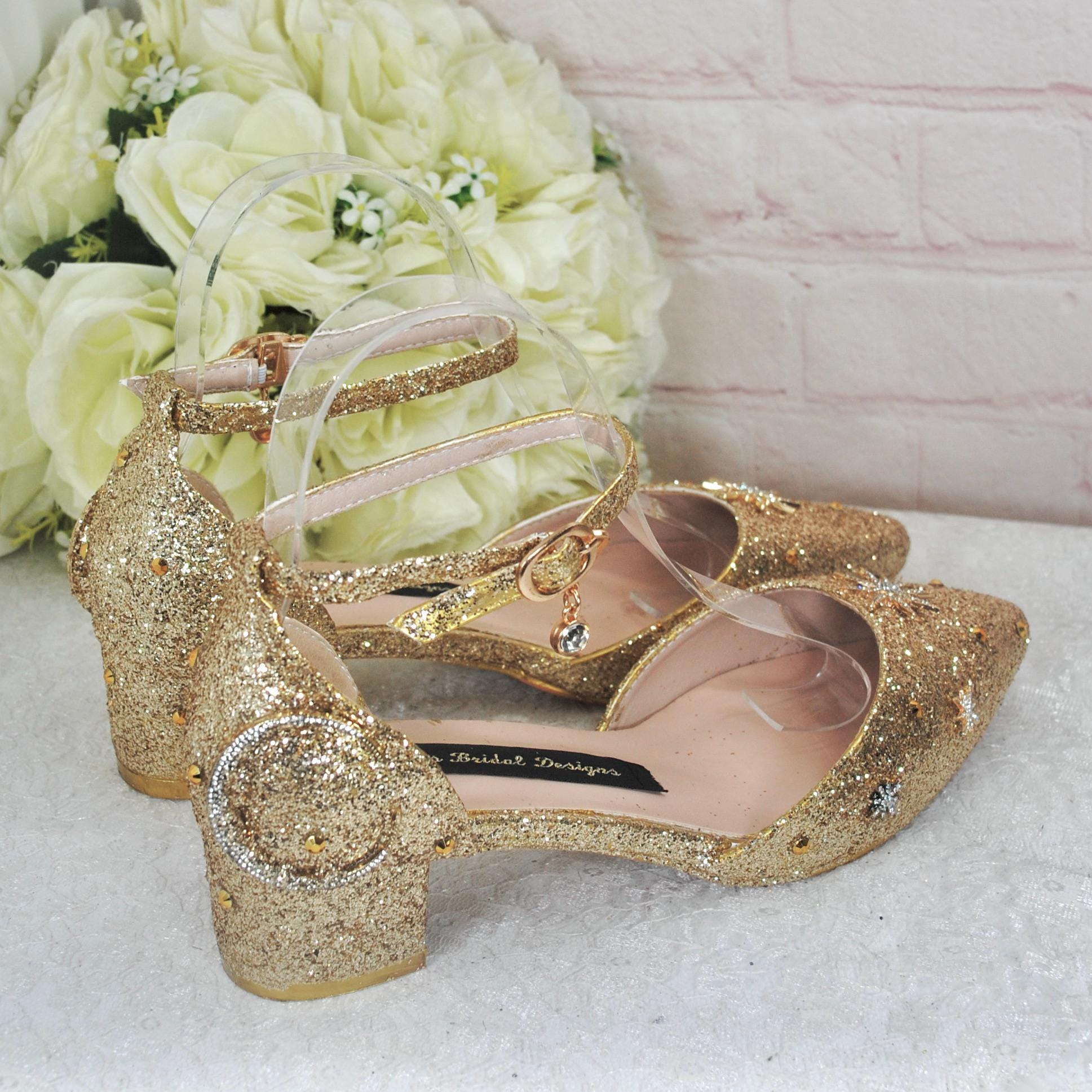 Champagne Gold Glitter Bridal Shoes: Celestial Star \u0026 Moon Block Heel Wedding Heels, image size:1937x1937