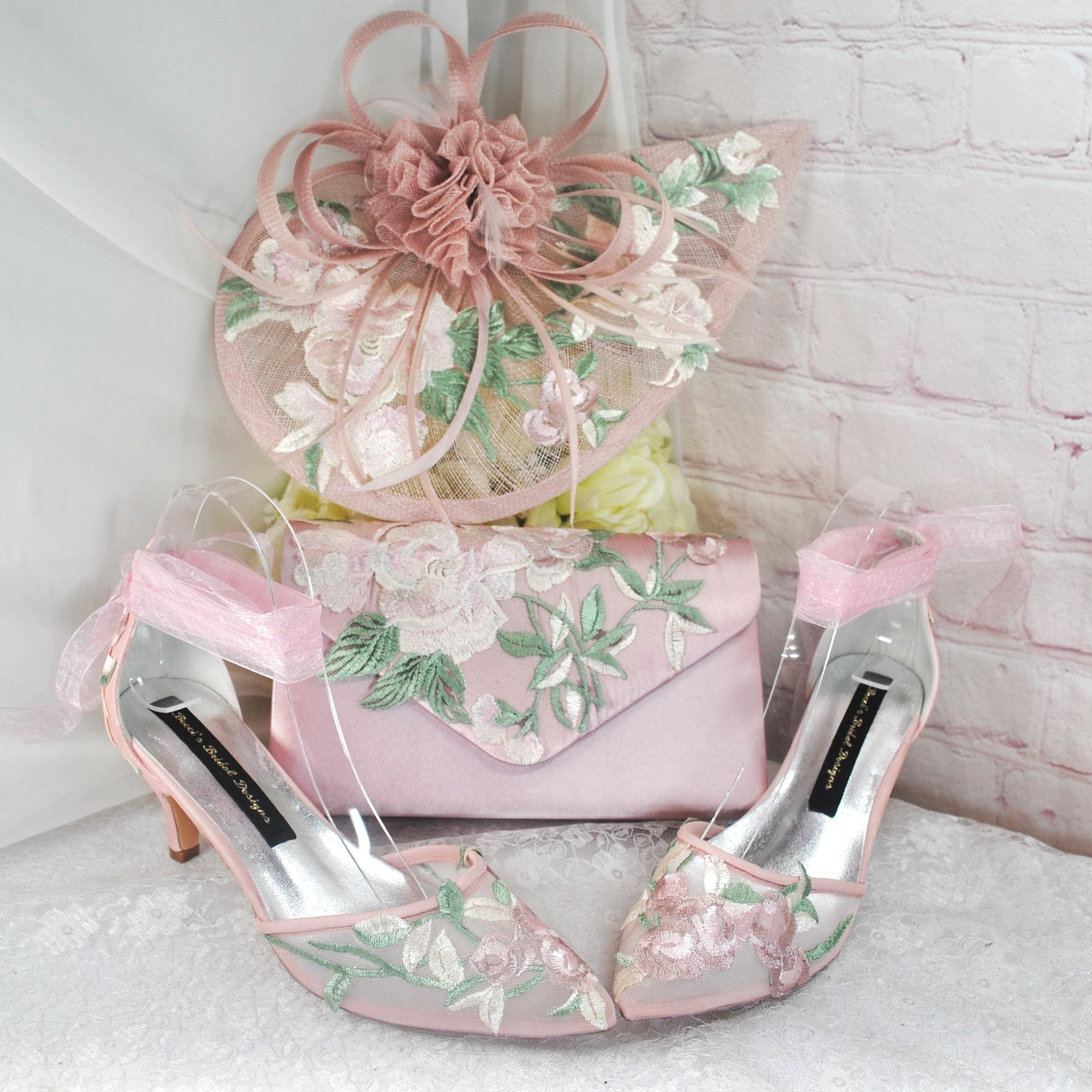 Pink Satin Bridal Set: Embroidered Heels, Clutch, Fascinator - Etsy, image size:2311x2311