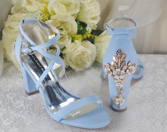 Blue Satin Block Heel Bridal Sandals, Chunky Heel Custom Wedding Shoe with Cherry Blossom Hen Do Engagement Party Shoes for Bride Bridesmaid