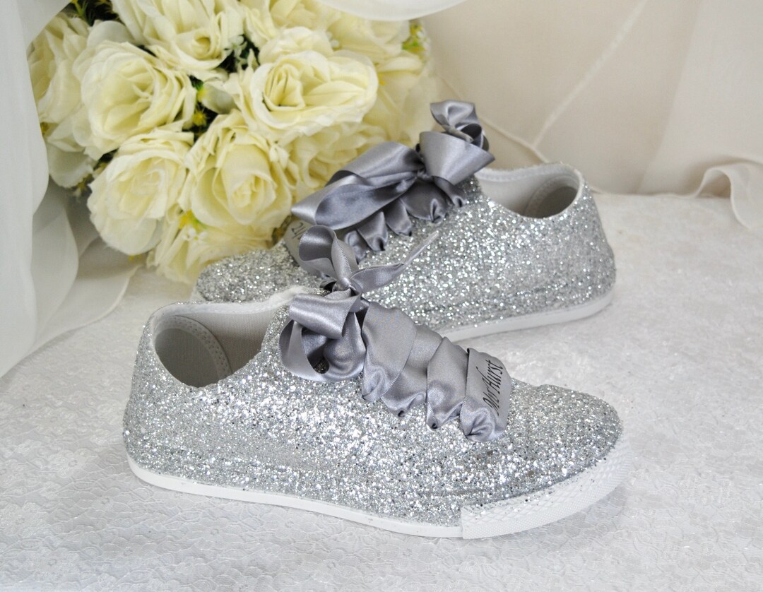 Personalised Wedding Trainers, Silver Glitter Wedding Shoes, Flat
