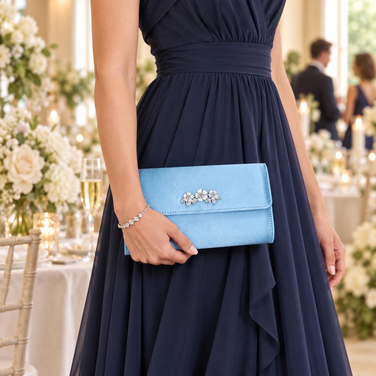 Light Blue Satin Clutch Bag with Floral Embellishment