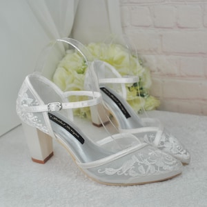 Ivory Satin Bridal Sandals with Embroidery, Wedding Shoes with Ankle Strap, Bridal Shoes with Block Heel,