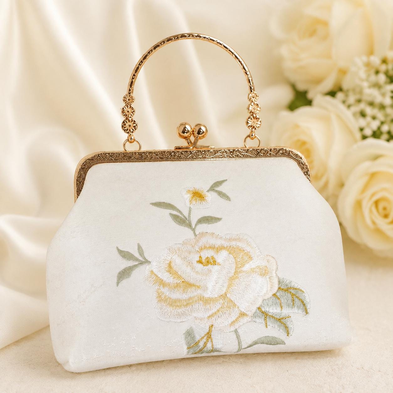 Luxury Bridal Embroidered Handbag: Floral Rose Clutch Bag With