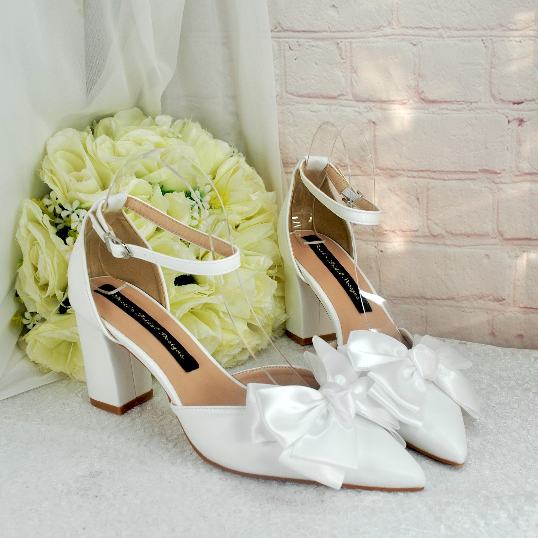 White Bow Bridal Sandals, Bride Shoes, Wedding Shoes, Ankle Strap