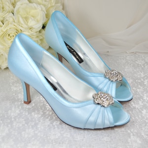 Blue Satin Peep Toe Wedding Heels: Handmade Crystal Flower Shoes