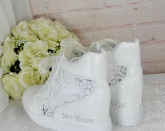 Bridal White Wedding Wedge Sneakers: Personalised Hi-Top Trainer