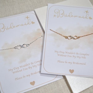 Bridesmaid Maid of Honour Flower Girl Bracelet Gift Infinity Friendship Thank You Proposal Wedding Hen Bridal Shower Card Silver Gold Quote