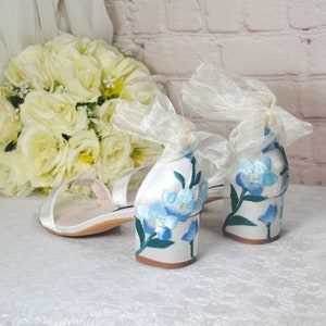 Ivory Satin Bridal Sandals with Floral Embroidery, Wedding Shoes with Ankle Strap, Bridal Shoes with Block Heel, Something Blue