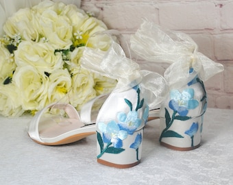 Ivory Satin Bridal Sandals with Floral Embroidery, Wedding Shoes with Ankle Strap, Bridal Shoes with Block Heel, Something Blue