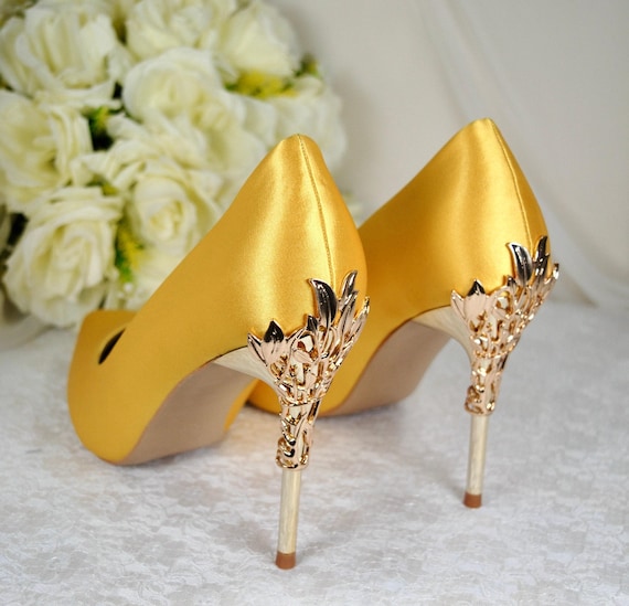 yellow dress rose gold shoes Satin Wedding Heels: Handmade Bridal Pumps with Leaf special occasion dresses