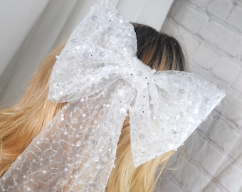 Pearl and Sequin tulle bridal bow, Pearl hair bow, White hair bow, Veil alternative
