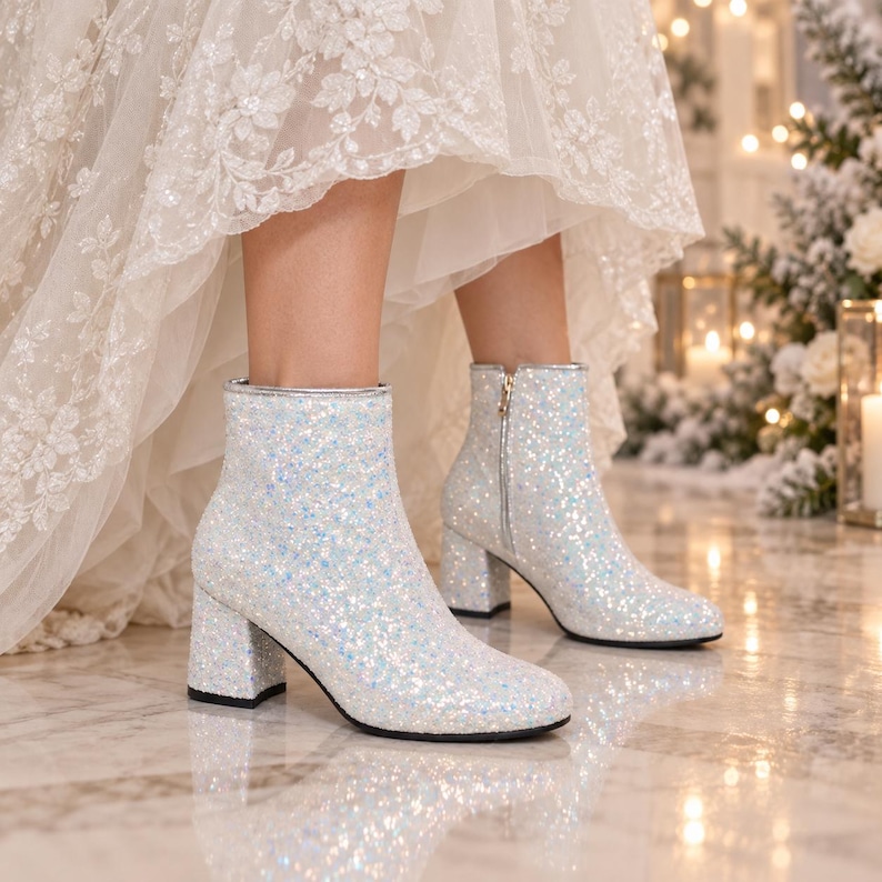 Puede incluir: Un par de botines cubiertos de purpurina blanca iridiscente con tac&oacute;n de bloque y cremallera lateral plateada. Los botines presentan una puntera redondeada y un borde plateado met&aacute;lico en la parte superior, ofreciendo un acabado reflectante.