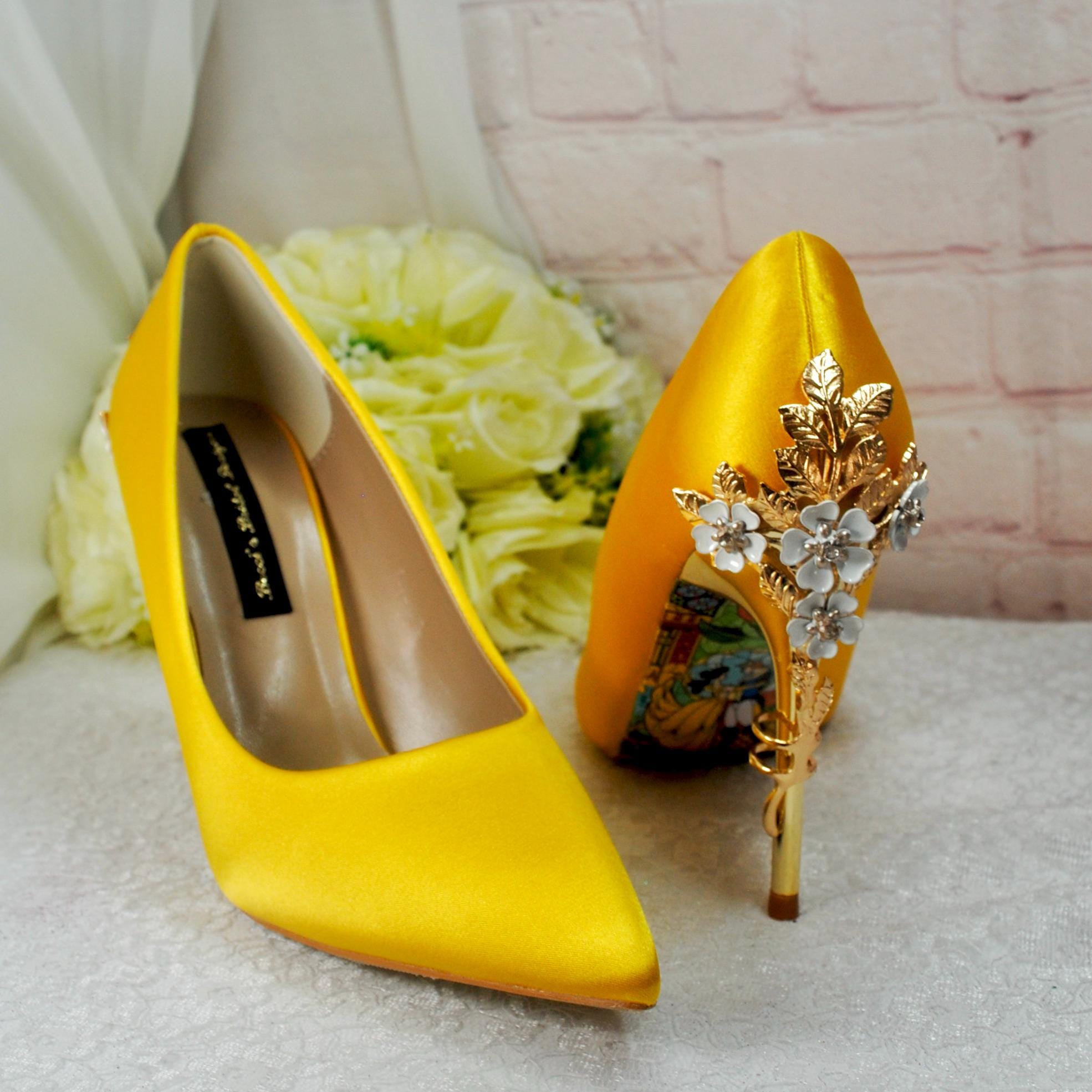 Yellow Satin Wedding Heels: Cherry Blossom Bridal Shoes Yellow Satin Wedding Heels: Cherry Blossom Bridal Shoes