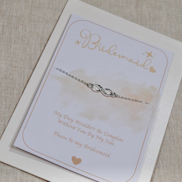 Necklace- Bridesmaid Maid of Honour Flower Girl Gift Infinity Friendship Thank You Proposal Wedding Hen Bridal Shower Card Silver Gold Quote