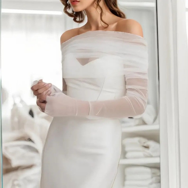 Wedding Veil Alternative, Soft Bridal Tulle Dress Cover, Ivory or White Bolero and Glove Set, Wedding Dress Topper zdjęcie 2