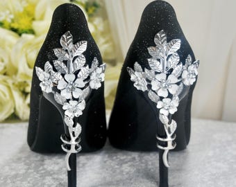 Black Glitter Shoes: Handmade Cherry Blossom Heel Embellishment