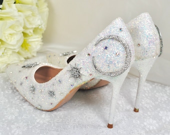 White Sparkling Glitter Celestial Wedding Shoes: ANY Heel with Moon and Star Swarovski Crystals