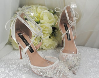 Ivory Lace Sandals with Floral Beading. Handmade Satin Wedding Shoes, Shoes for Bride, Bridal Heels - Size UK6/EU39/US8.5