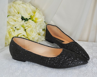 Flat Women's Shoe, Glitter Shoes for Bride, Bridal Flats, Wedding Shoe, Rose Gold Glitter, Black, Gold or Silver Pumps