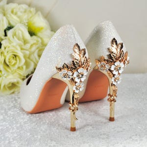 Ivory Shimmer Satin Bridal Heels: Handmade Cherry Blossom Wedding Shoes