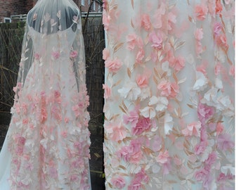 Pink 3D Flower Floral Veil, Beautiful Wedding Veil with Embroidered Rose Gold Leaves and Flowers