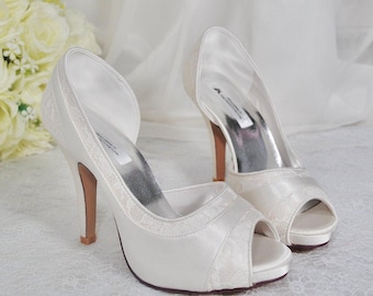 Ivory Satin and Lace Bridal Heels: Lace Peep Toe Wedding Shoes