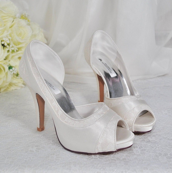 Handmade Ivory Satin Bridal Heels: Lace Peep Toe Wedding Shoes
