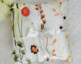 Floral Embroidered Wedding Ring Pillow: Satin Ribbon Keepsake