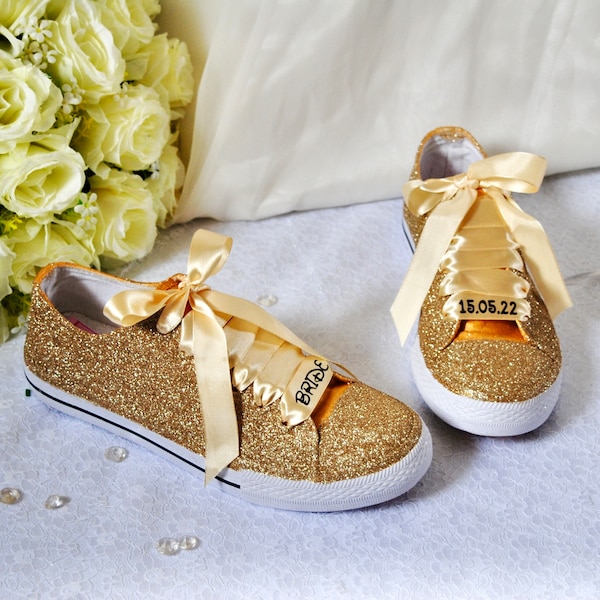 Personalised Wedding Trainers, Gold Glitter Wedding Shoes, Flat Bridal Pumps