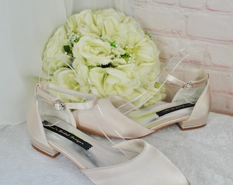 Champagne Satin Flat Sandals, Comfortable handmade bridal Shoes, Wedding Flats