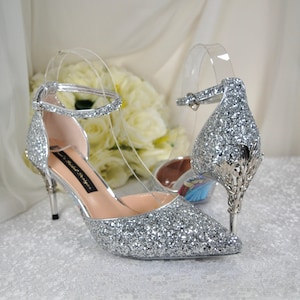 Glitter Silver Bridal Sandals: Pointed Toe, Ankle Strap, Metal Vine Heel
