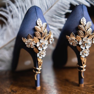Cherry Blossom - Navy Blue Satin Bridal Wedding Round Toe Shoes Heels Bridesmaid He Do Engagement Party Something Blue