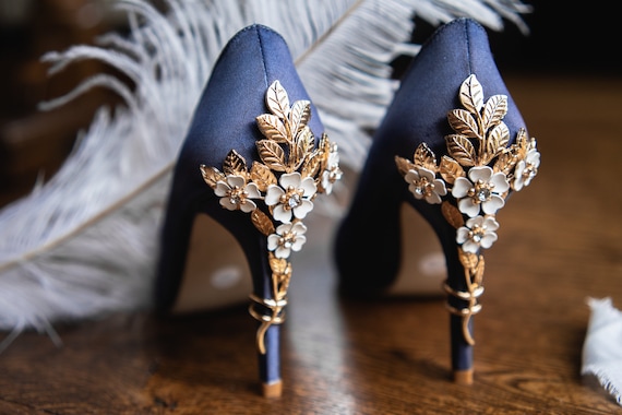Cherry Blossom Navy Blue Satin Bridal Wedding Round Toe Shoes Heels Bridesmaid He Do Engagement Party Something Blue