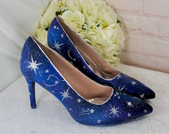 Blue Satin Celestial Wedding Shoes: Hand-Painted Galaxy Bridal Heels UK7.5/US10