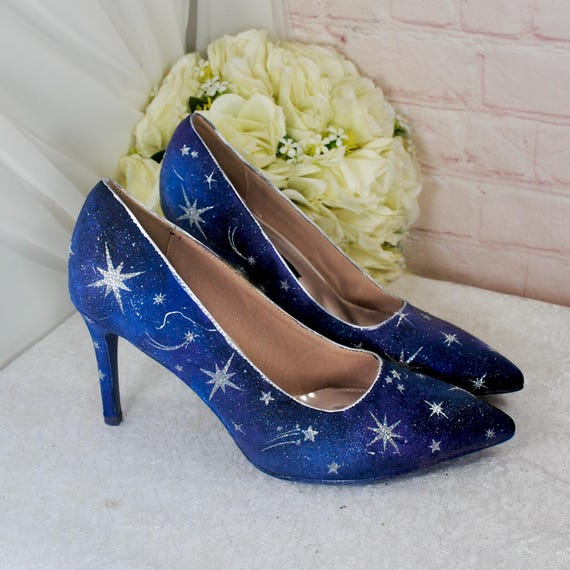Blue Satin Celestial Wedding Shoes: Hand-Painted Galaxy Bridal Heels UK7.5/US10