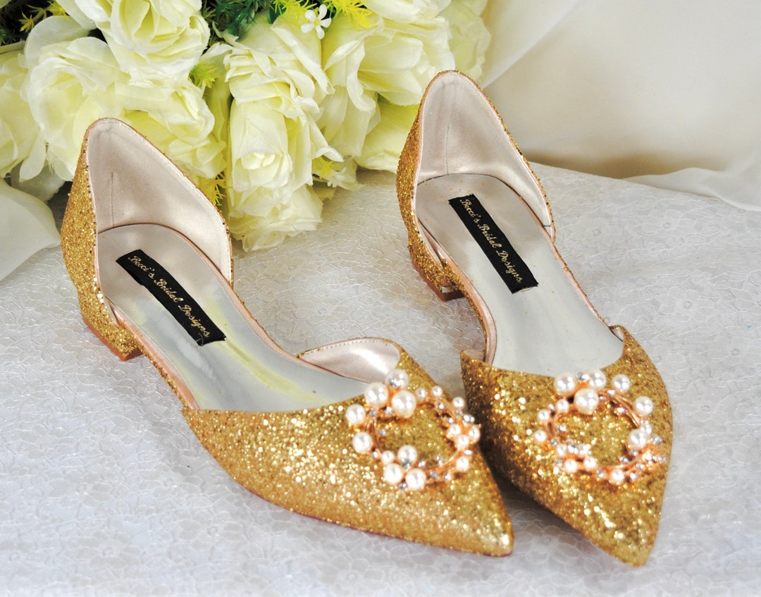 Gold Glitter Wedding Shoes: Pearl Crystal Bridal Flats, image size:1080x847