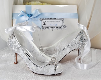 White Lace Peep Toe Heels: Swarovski Crystal Cinderella Costume Shoe